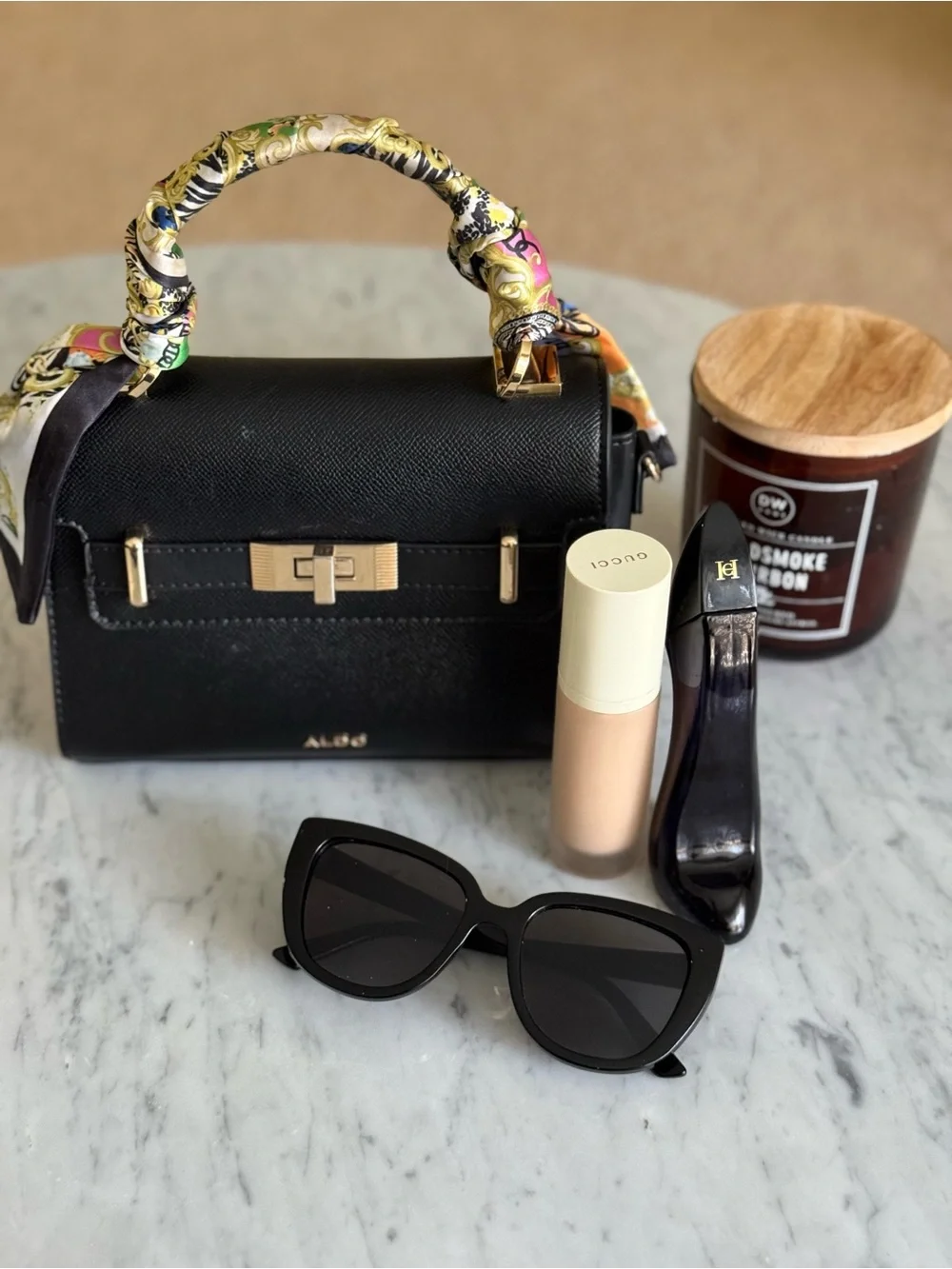 Aldo Black Top-Handle Satchel with Multicolor Scarf Wrap